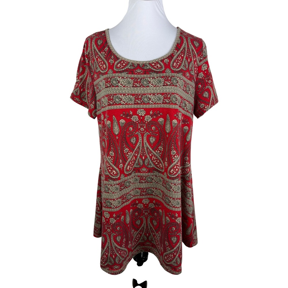 Hibelle Women's XXL Red Paisley Floral Tunic Top Short‎ Sleeve Scoop Neck Boho